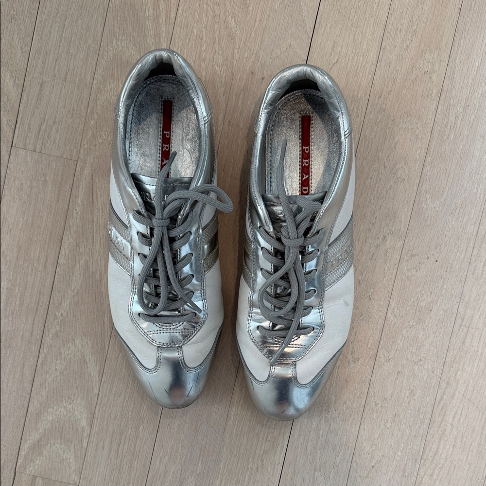 Prada Metallic Silver and White Sneakers